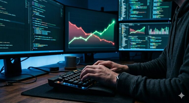 Developer working at multiple monitors showing red to green recovery chart for software project rescue