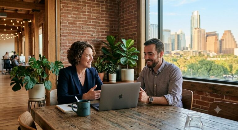Two business professionals reviewing custom software on a laptop in an Austin office with the downtown skyline visible through the window