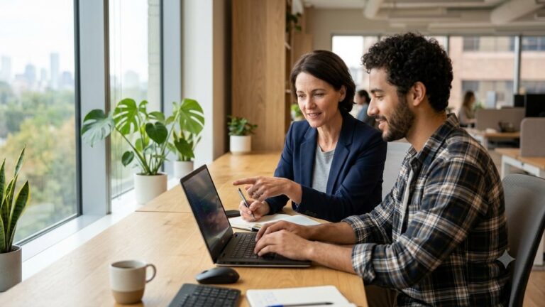Senior business leader and embedded software engineer collaborating at a laptop in a bright office