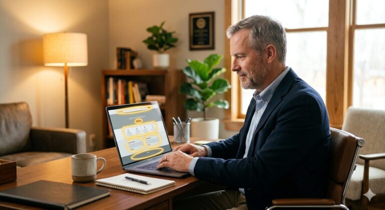 Business owner reviewing his website on a laptop to identify AI clarity gaps