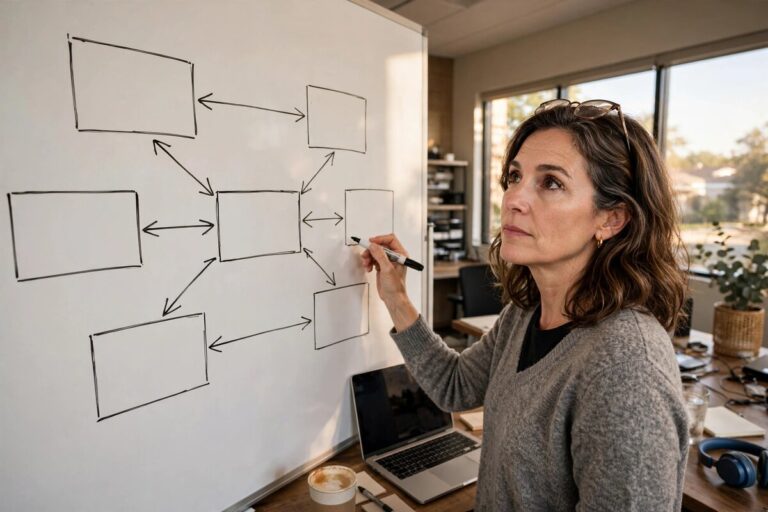 SaaS founder planning product development scaffolding at whiteboard in office