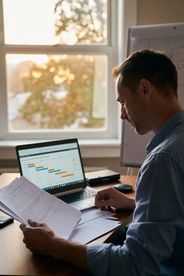 Business owner reviewing custom software development cost estimates at desk in office