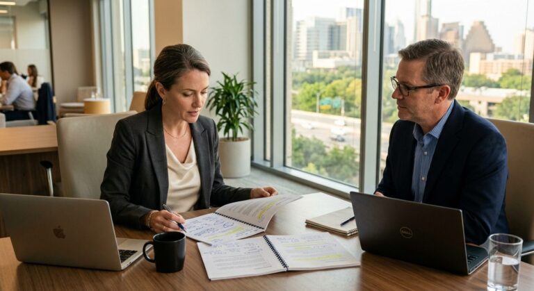 Business owner comparing software development agency proposals across the conference table