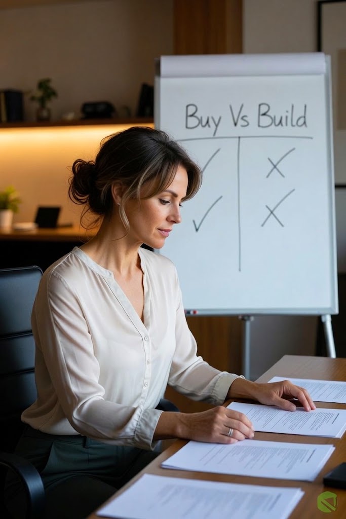 Business owner comparing build vs buy software framework options at Austin office