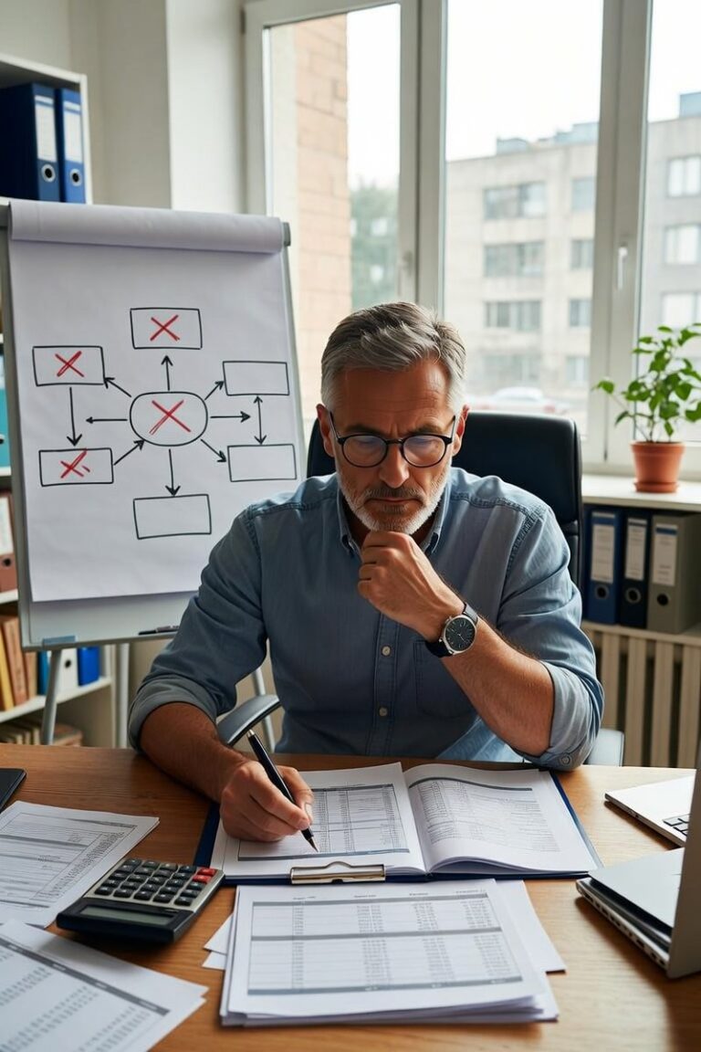 Business owner calculating the cost of not fixing software problems at his Austin office desk