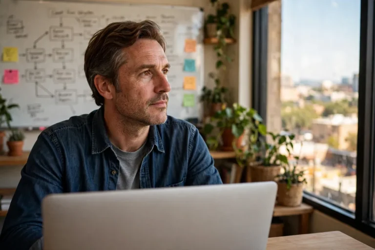 Business owner deciding when do you need custom software while reviewing his AI-built workflow in his Austin office